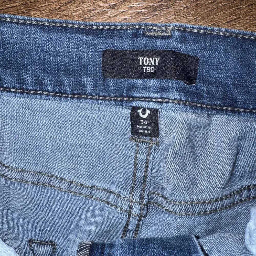 TRUE RELIGION Tony Straight Jeans Mens Size 34 (34x31) Medium Wash Blue